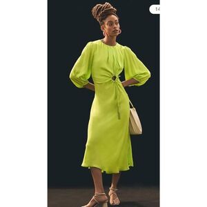 NWT Farm Rio Women's lime Green Long Sleeves Puff-Sleeve Midi Dress Size Medium
